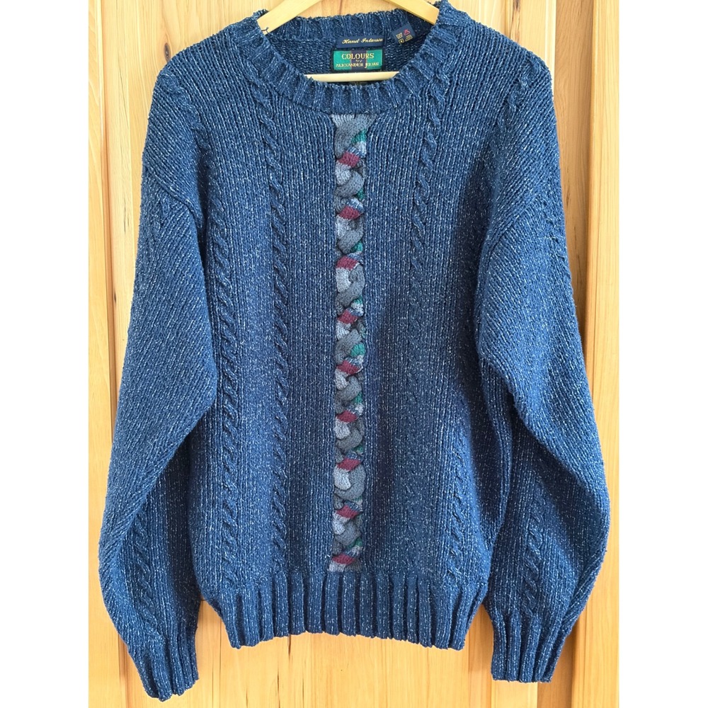 Colours by Alexander Julian Vintage Blue Hand Intarsia Braided Cable Sweater L